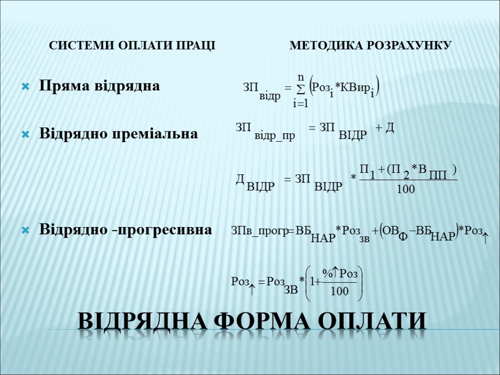 відрядна форма оплати Системи оплати праці Методика розрахунку Пряма відрядна Відрядно преміальна Відрядно -прогресивна